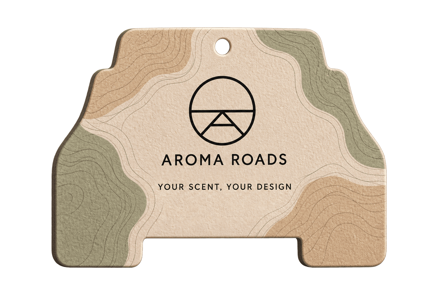 Front of a custom Aroma Roads car air freshener in a car interior