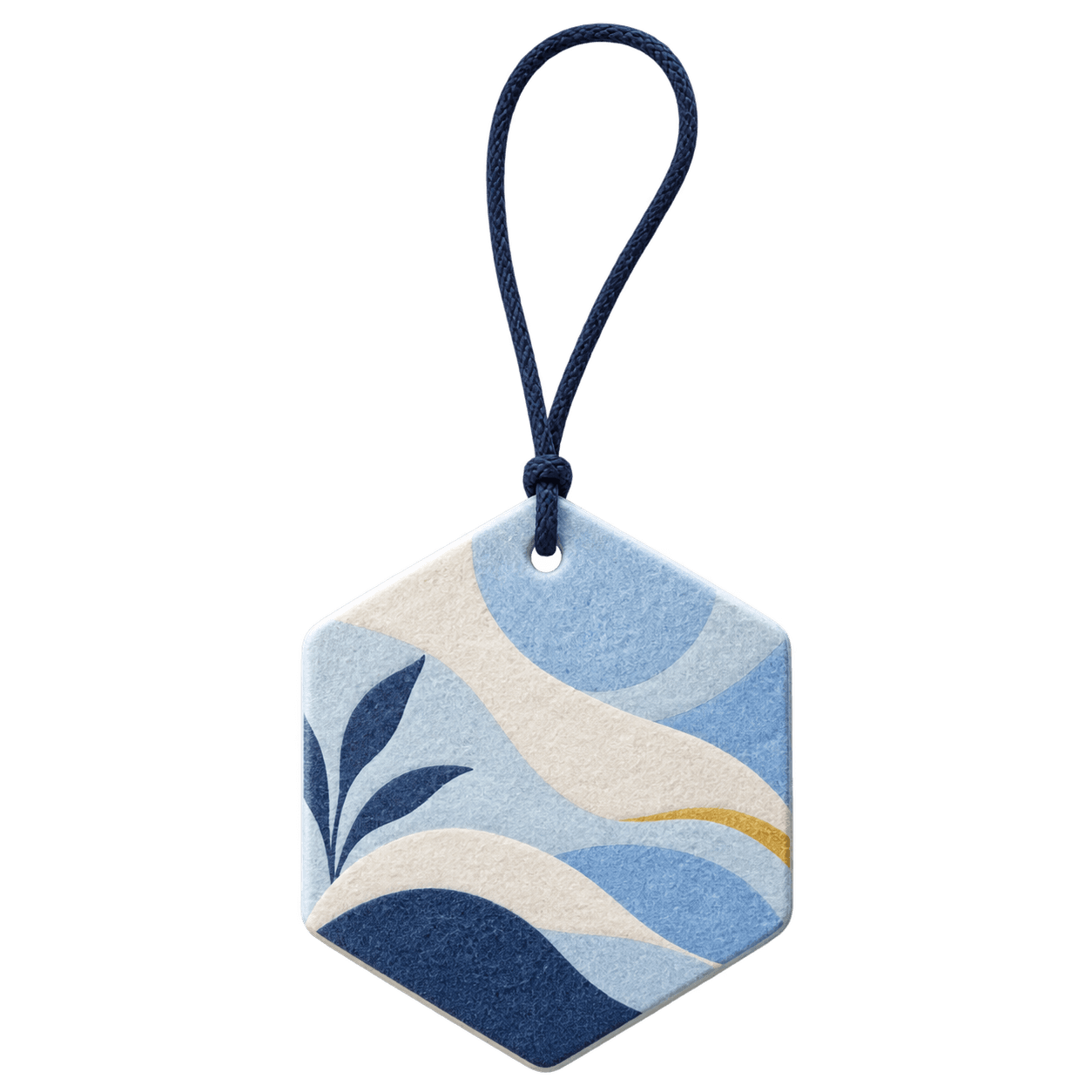 Hexagon custom felt car air freshener with a navy hanging cord