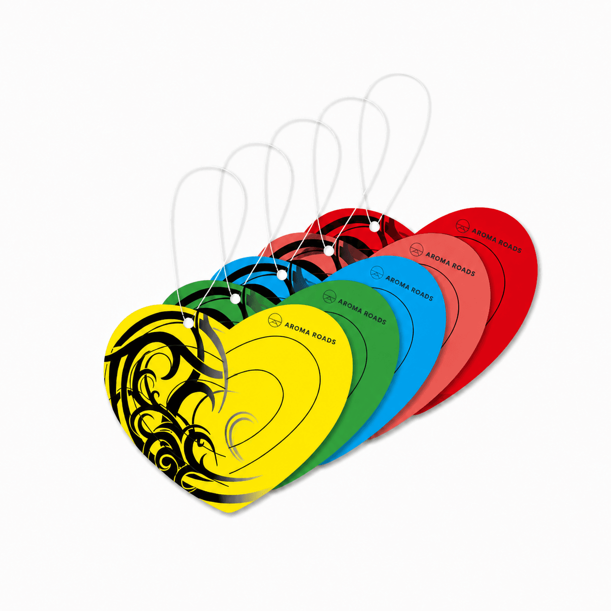 Colorful heart-shaped Aroma Roads scent samples